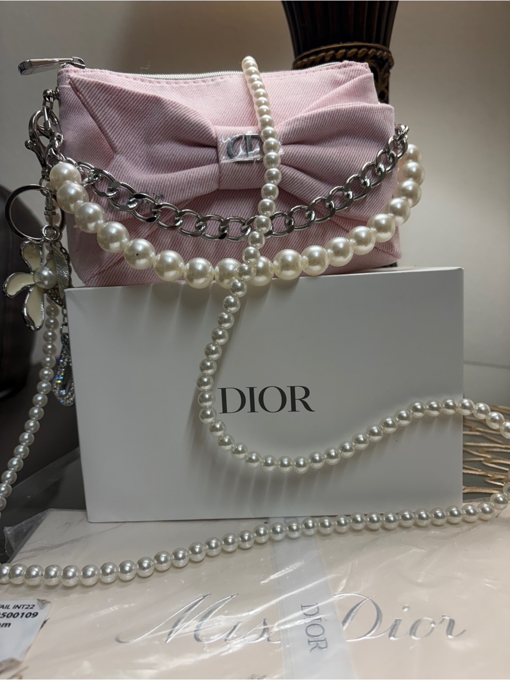 Dior Pink Bow Mini Shoulder Bag with Pearl & Chain Straps - Picture 6 of 16